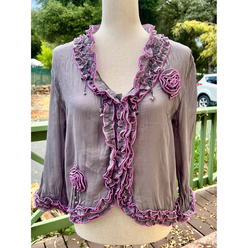 Piano Fairy Ruffle Blouse Mauve Grey Purple Trim Rosette Beaded Tassel Size